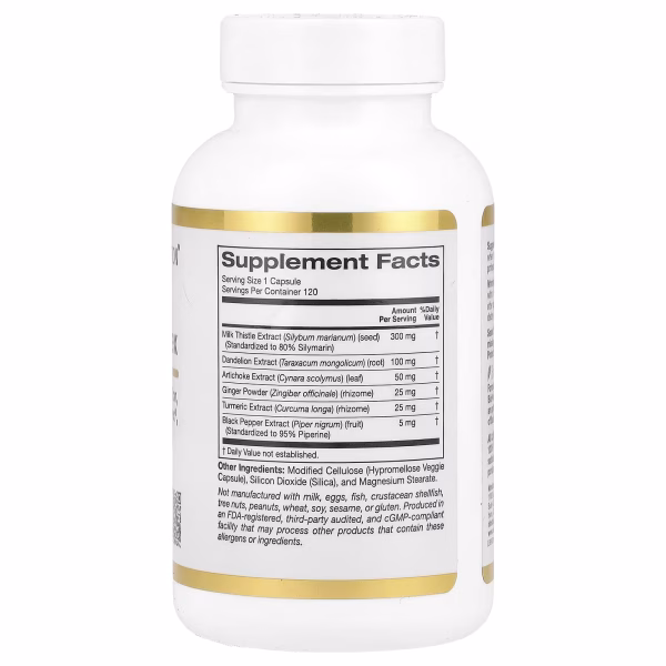 California Gold Nutrition, Silymarin Complex, Milk Thistle & Dandelion Extract, Artichoke, Curcumin C3 Complex, Ginger & BioPerine®, 120 Veggie Capsules - Image 2