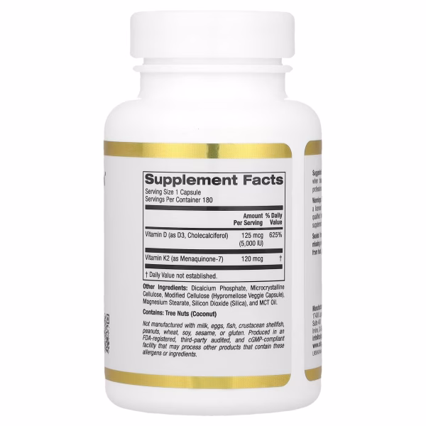 California Gold Nutrition Vitamin D3 & K2 MK-7 180 Veggie Caps - Image 2
